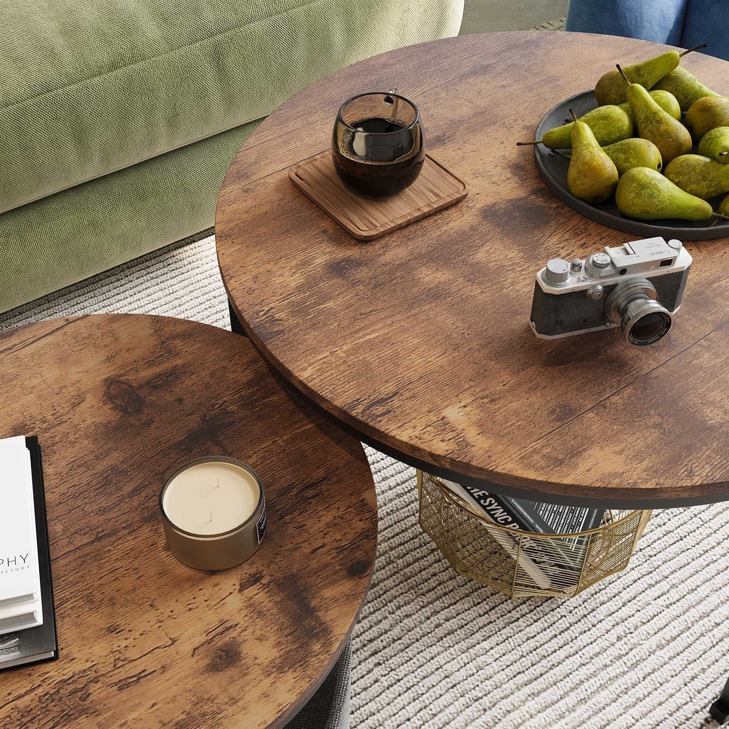 Round Coffee Table Nesting Set Brown Wood Top Iron Frame 120cm Modern