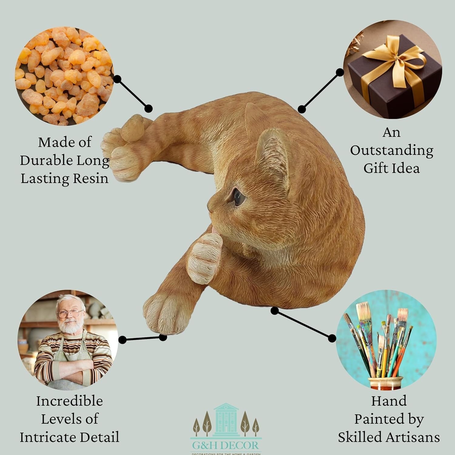 Realistic Orange Tabby Cat Statue Polyresin Garden Ornament Weatherproof Laying