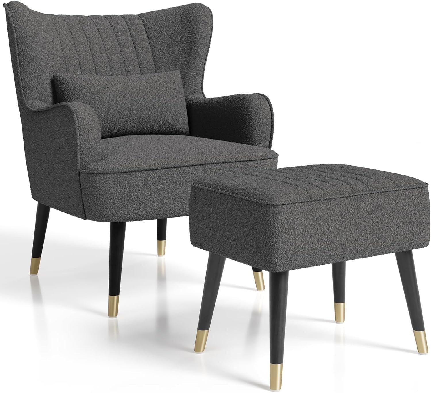 Modern Wingback Armchair w/ Ottoman Footstool, Teddy Fleece Lounge