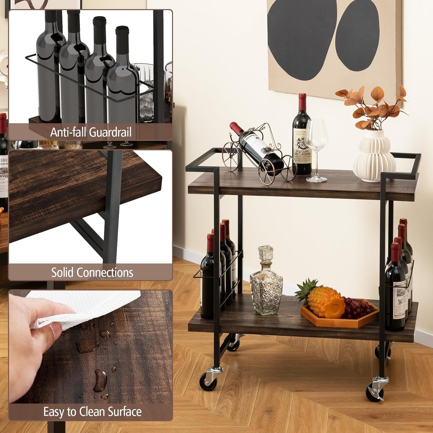 Kitchen Serving Cart on Wheels 2 Tier Bar Trolley Lockable Castors