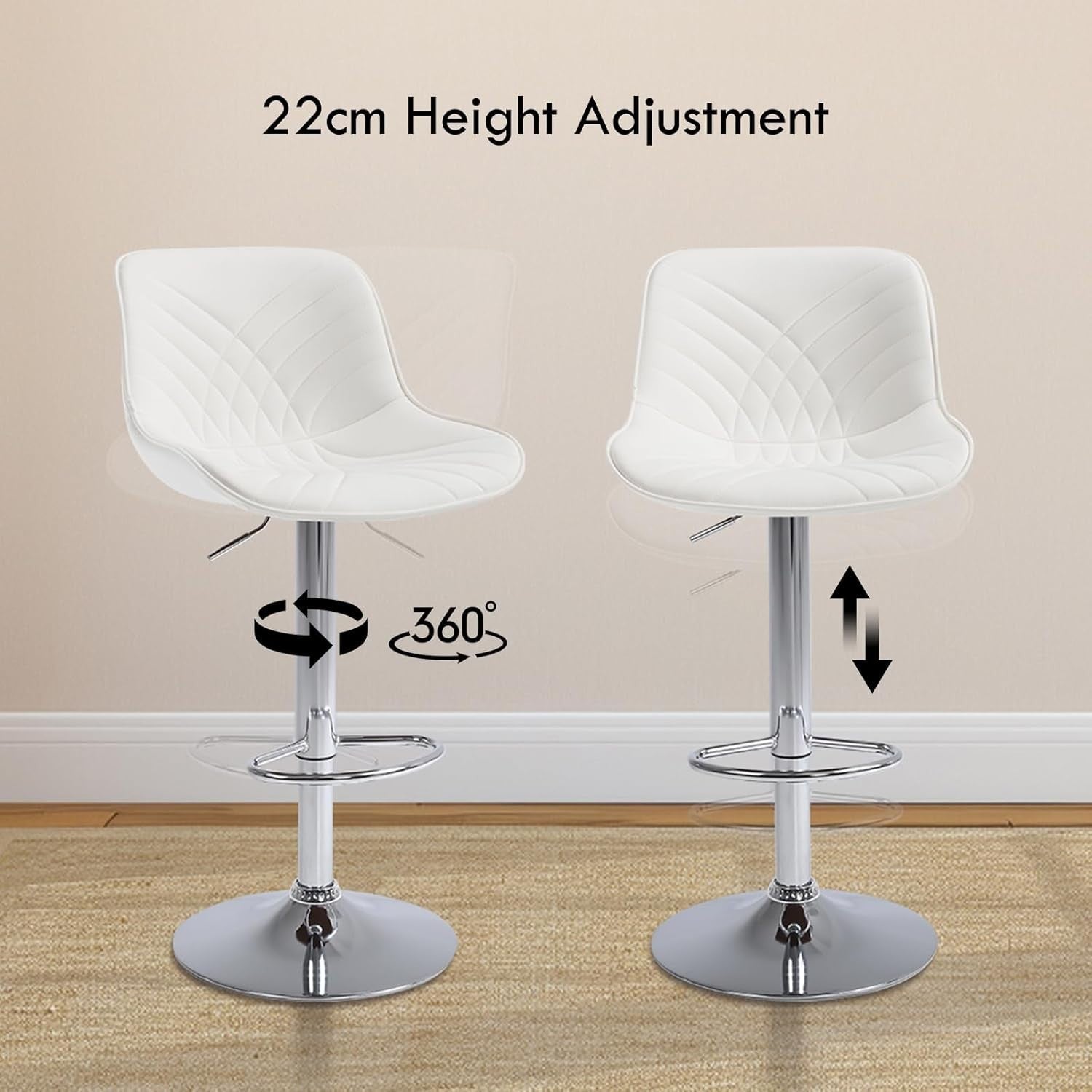 Adjustable White Faux Leather Bar Stools Set of 2 | Swivel Kitchen & Counter