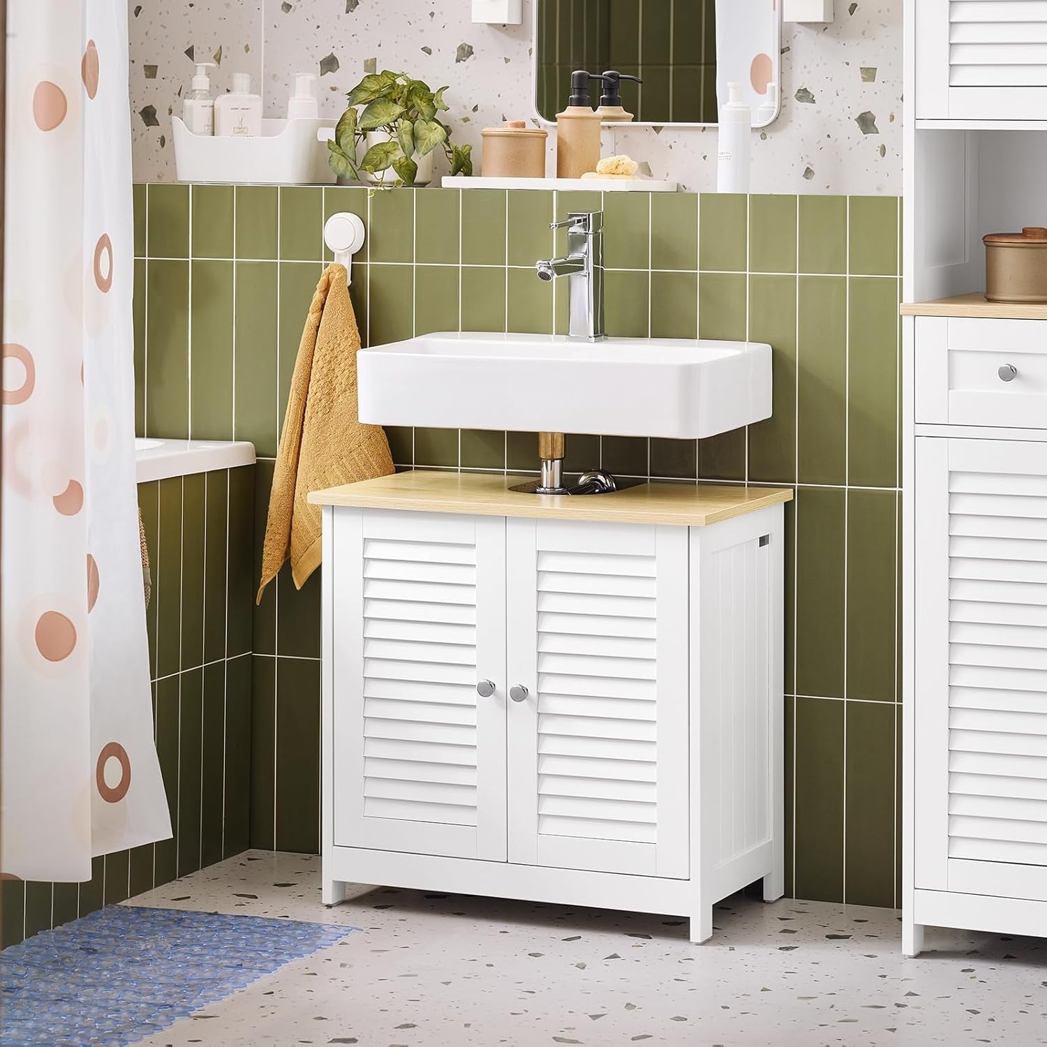 White & Natural Under Sink Bathroom Cabinet – 2 Door Vanity Unit 60x35x59cm