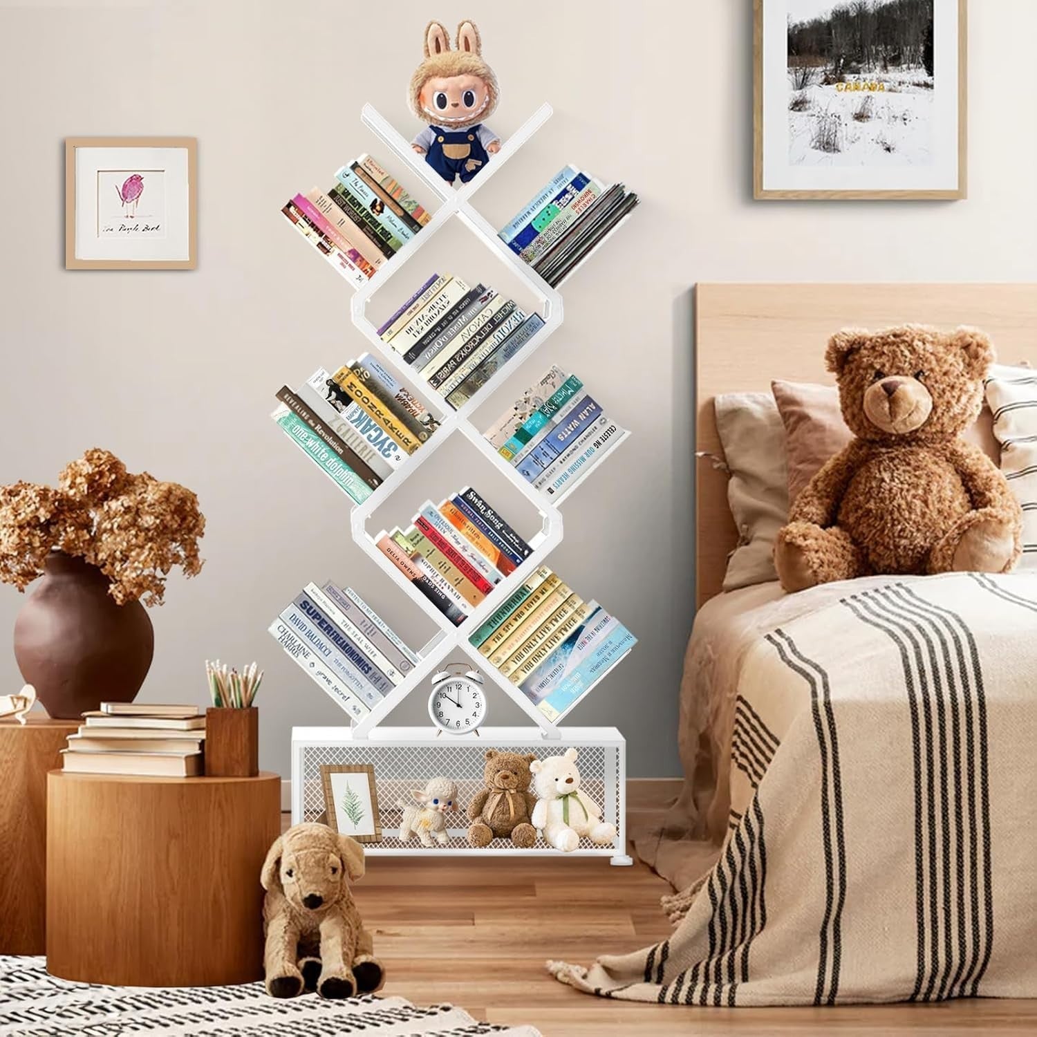 9 Tier Folding Tree Bookcase Metal Corner Bookshelf Free Standing White