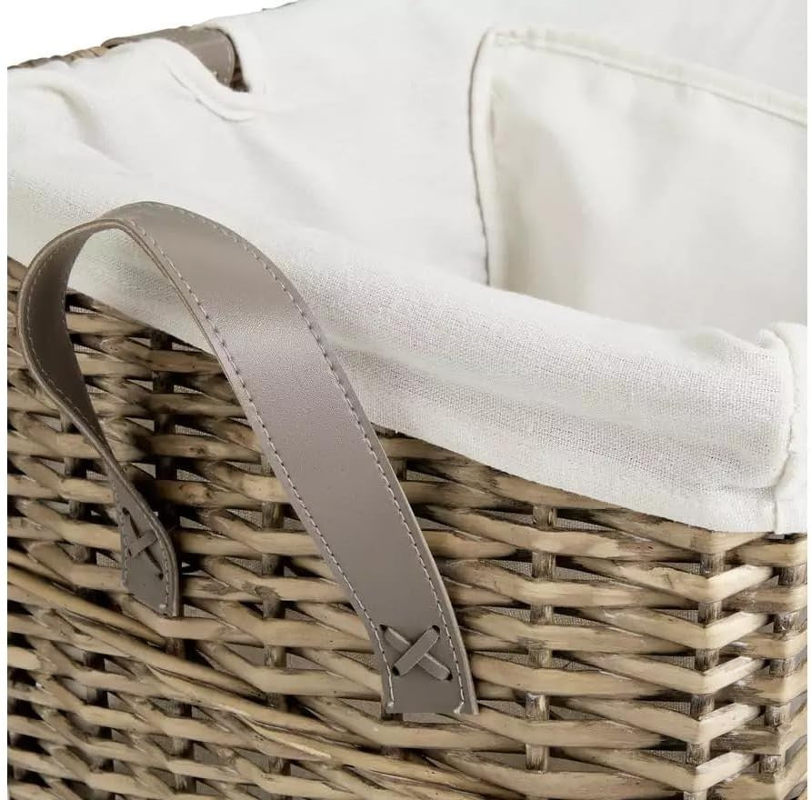 Large Willow Laundry Basket 44×55cm Dual Compartment Wicker Hamper w/ Liner Grey