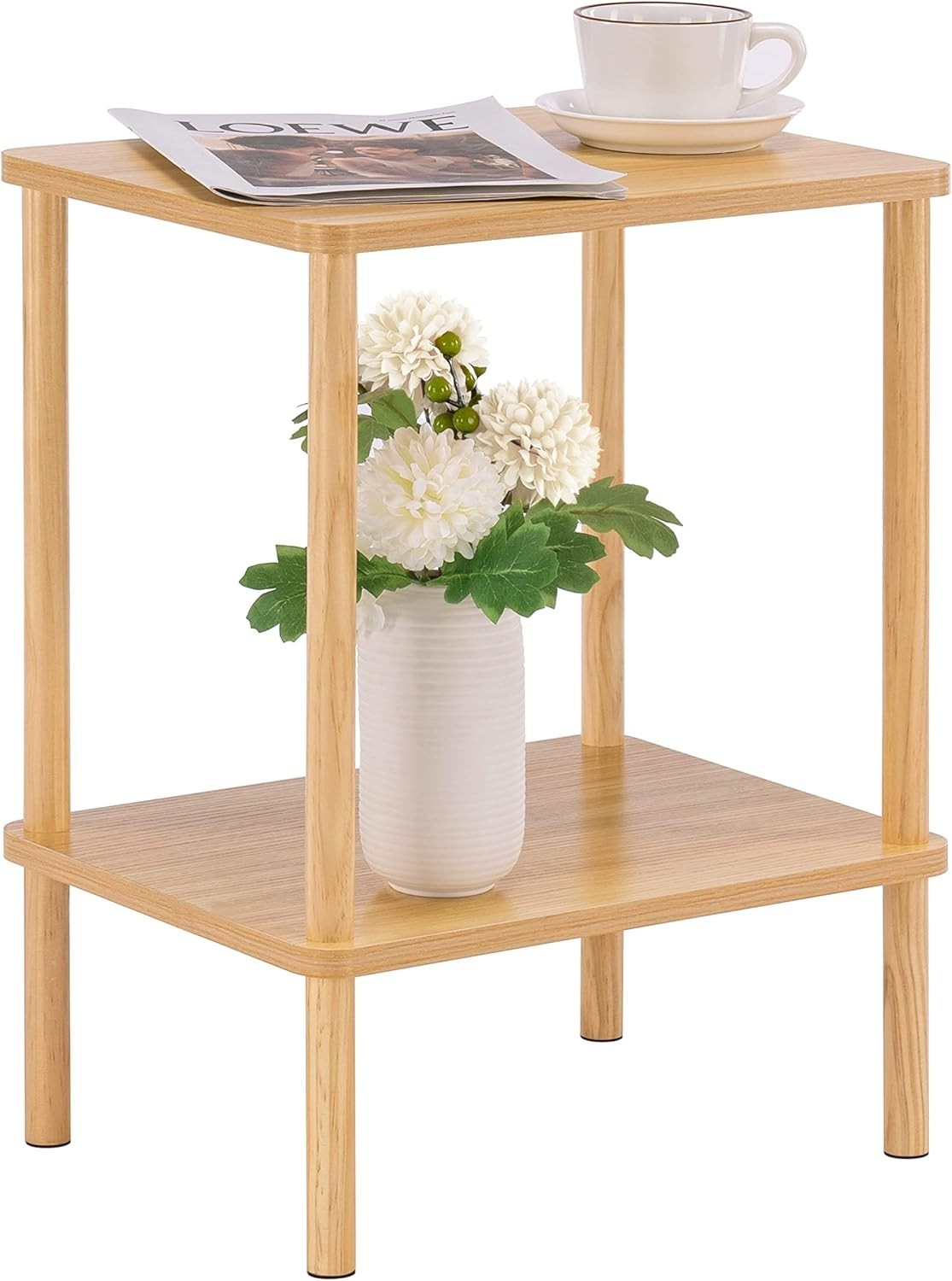 Narrow 2-Tier Oak Side Table – Small Bedside, End Table w/ Storage Shelf