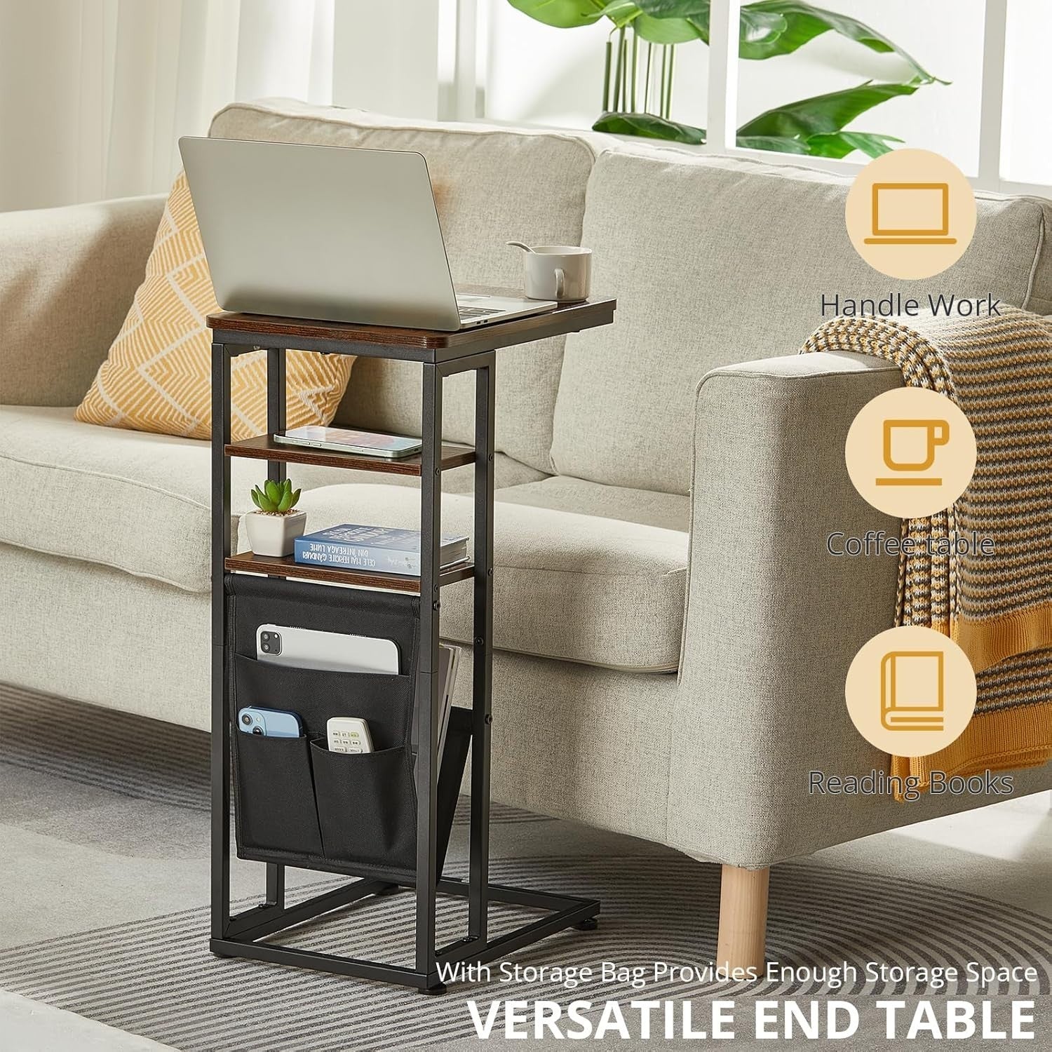 Black C-Shaped End Table 3-Tier Slim Side Table with Storage Bag for Sofa