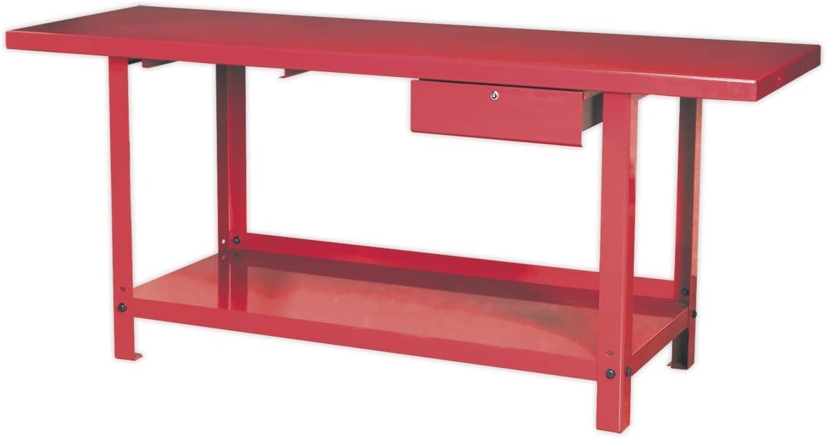 Red Steel Workbench 2m with Lockable Drawer 900kg Capacity Heavy Duty