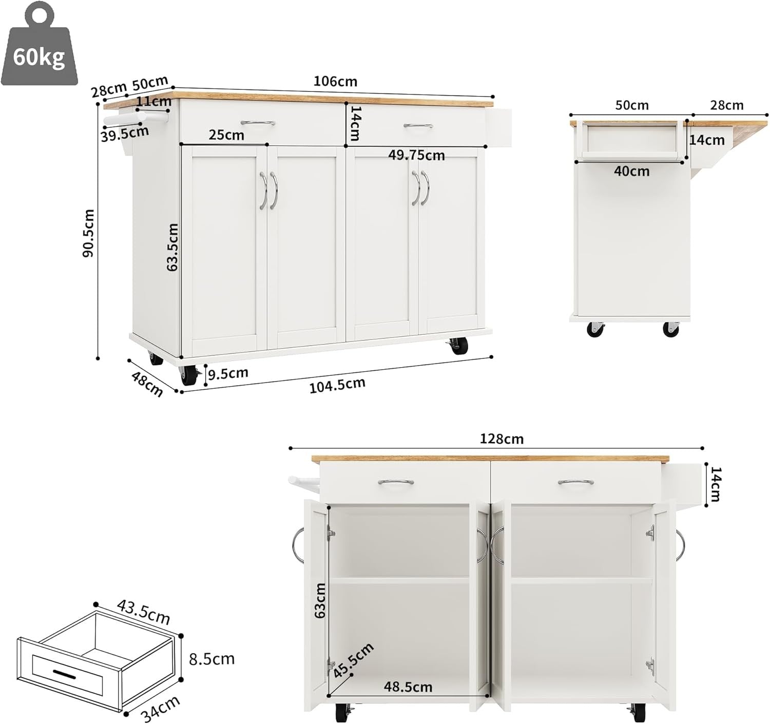 Kitchen Island Trolley on Wheels Expandable Top 2 Drawers Storage White