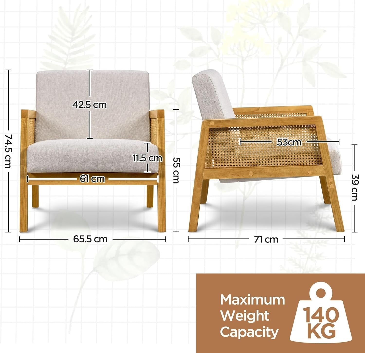Linen Fabric Accent Armchair Modern Indoor Lounge Chair with Cane Sides