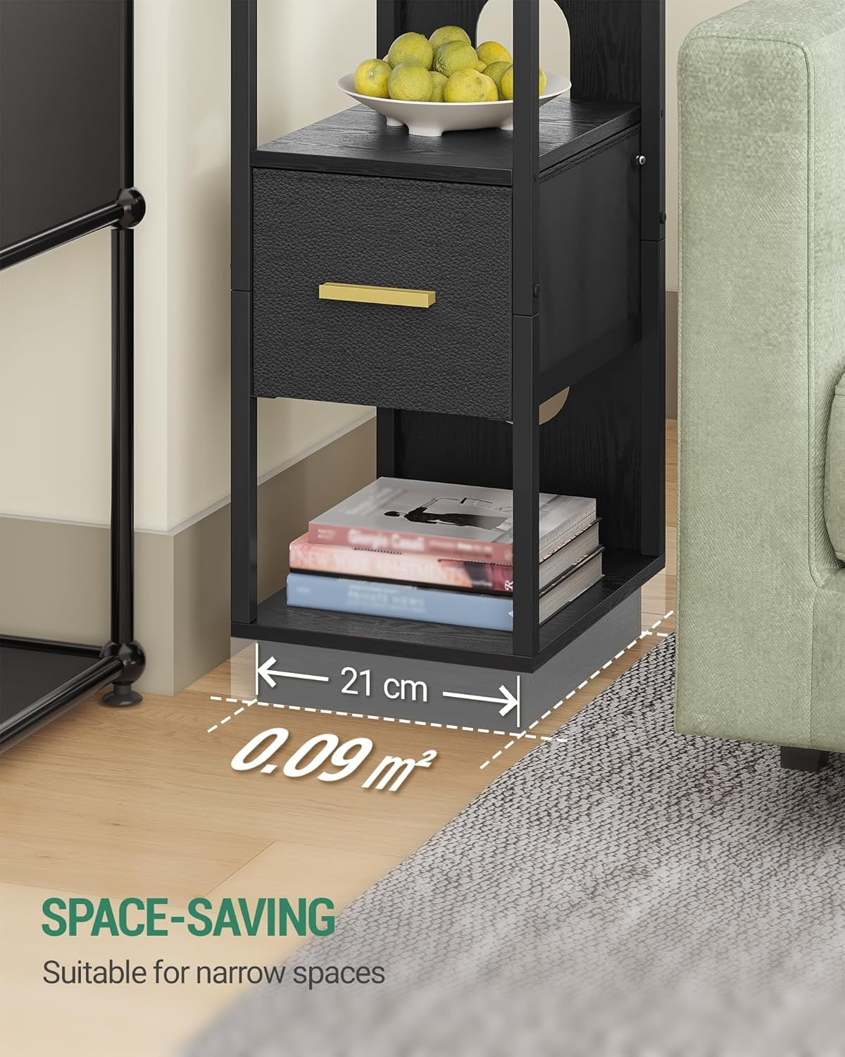 Set of 2 Slim Black Bedside Tables – Modern Narrow Nightstands with Drawer & She