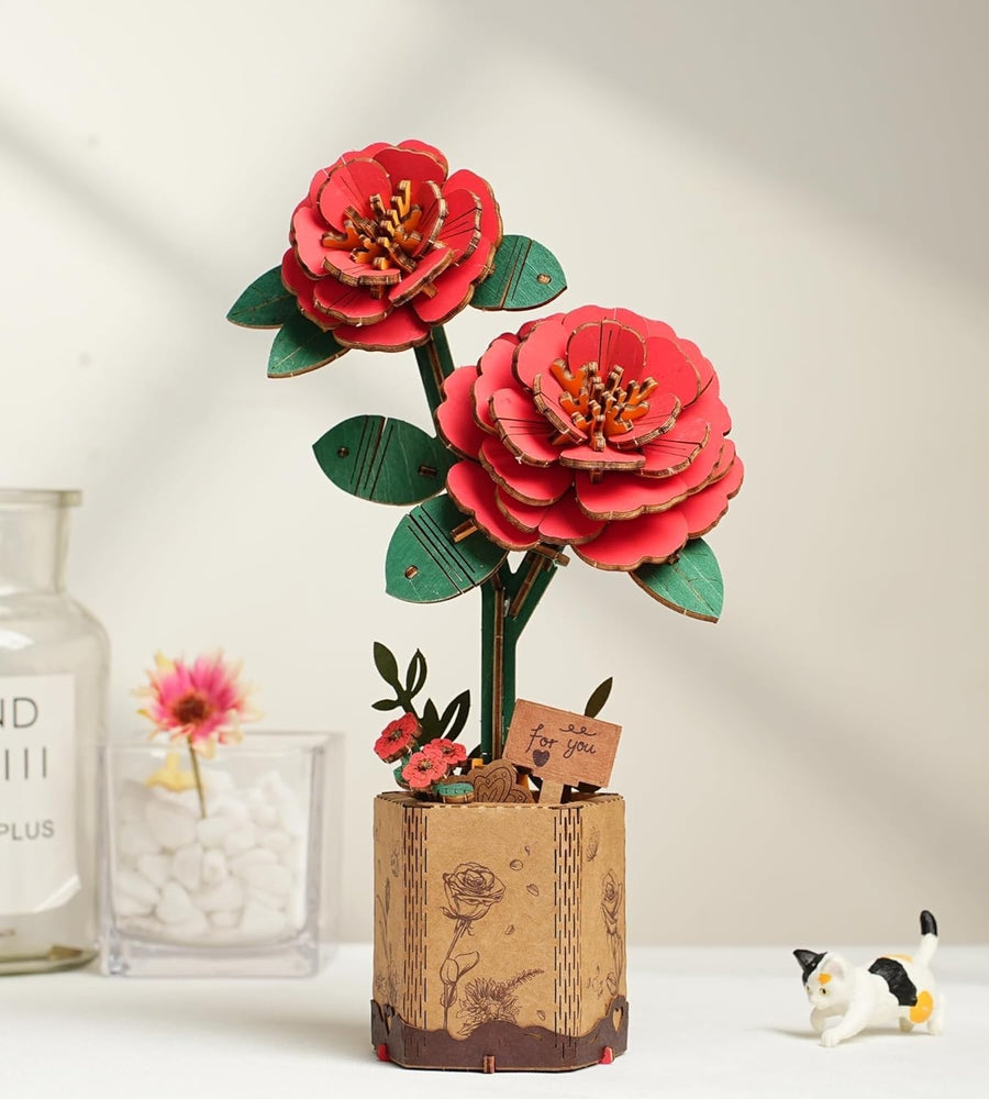 DIY 3D Wooden Flower Puzzle Kit – Red Camellia Bloom Craft Gift
