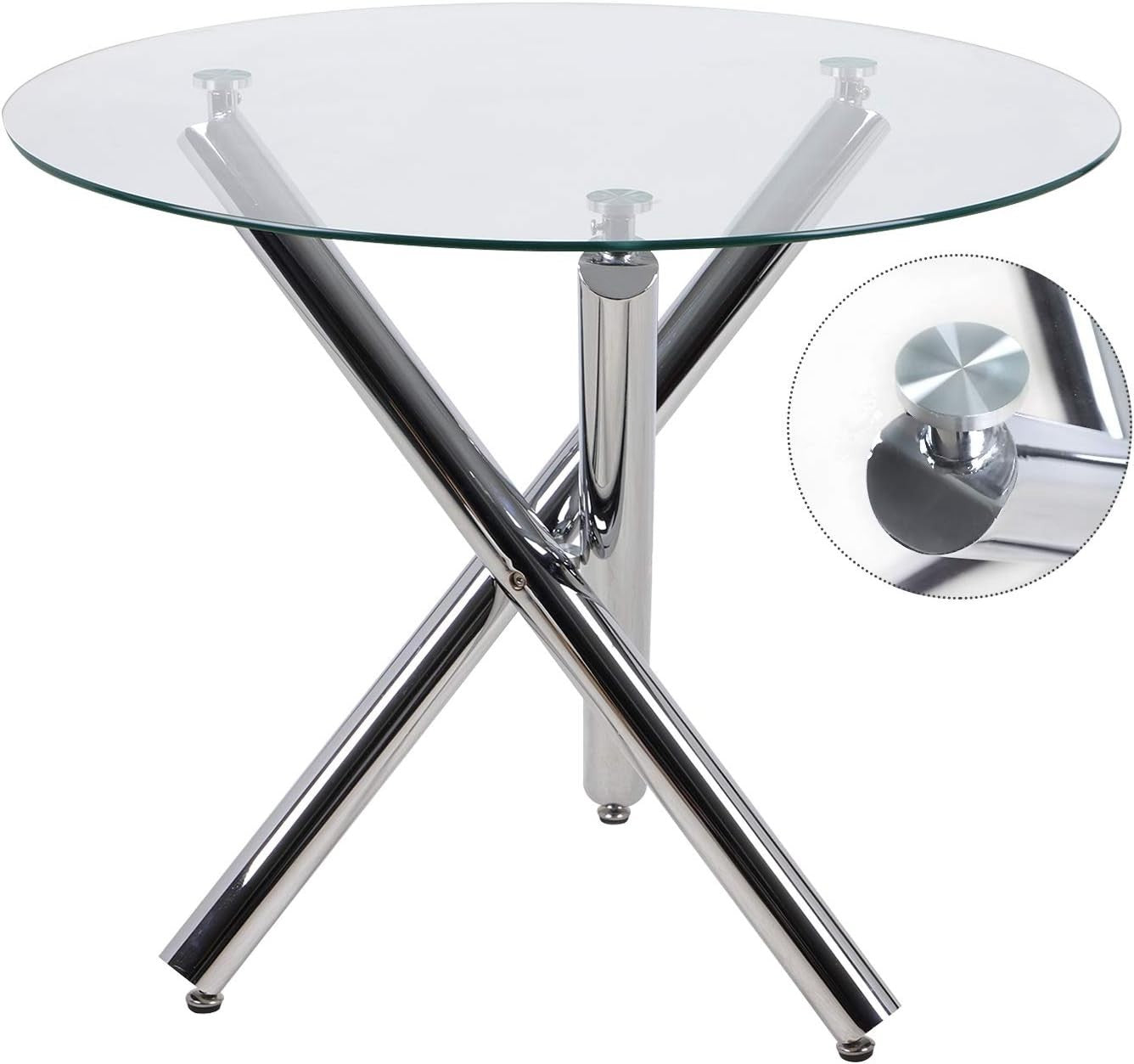 90cm Round Glass Dining Table Set with 2 Grey Faux PU Leather Chairs