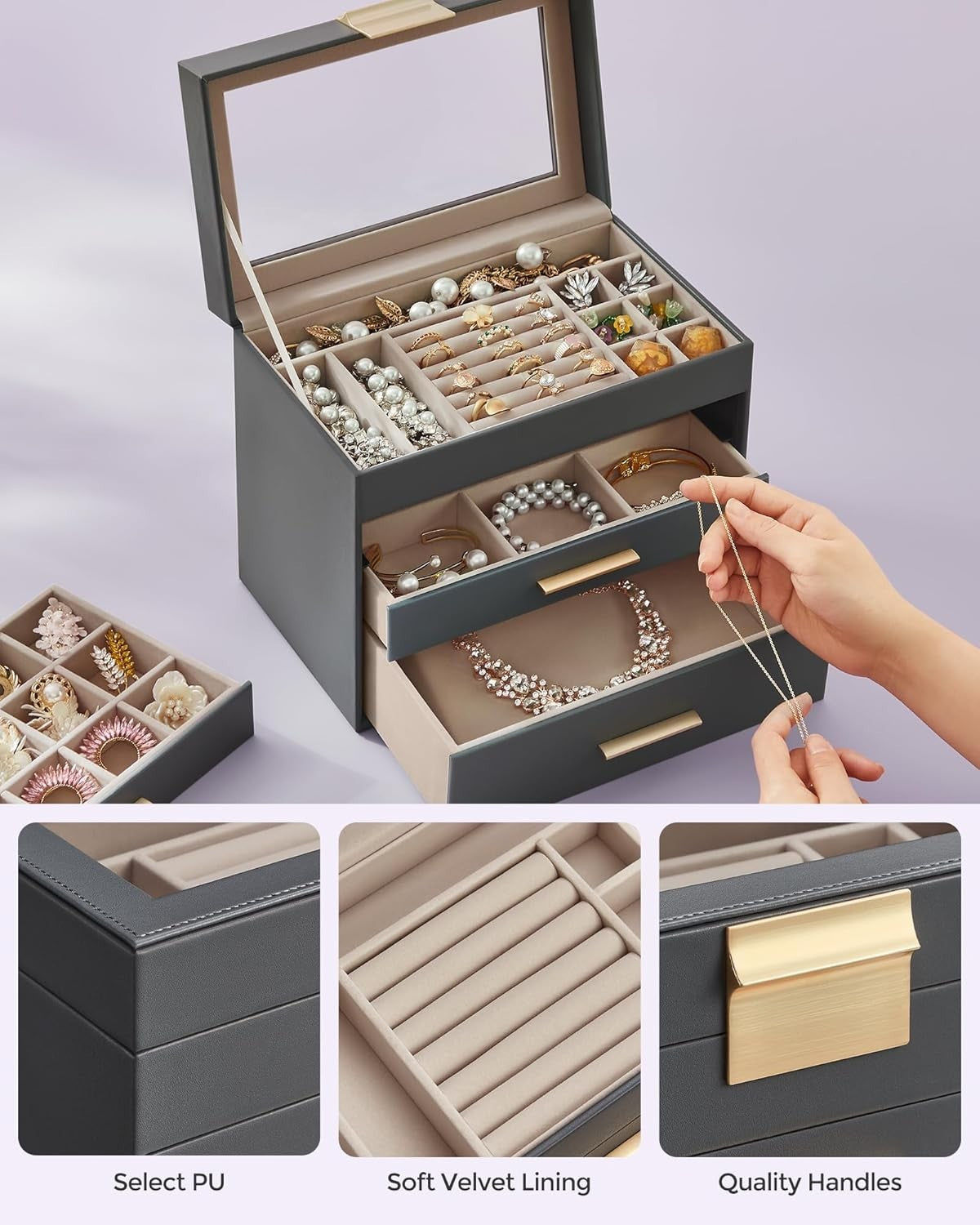Grey Gold Jewellery Box Glass Lid 4 Layer Organizer with Drawers