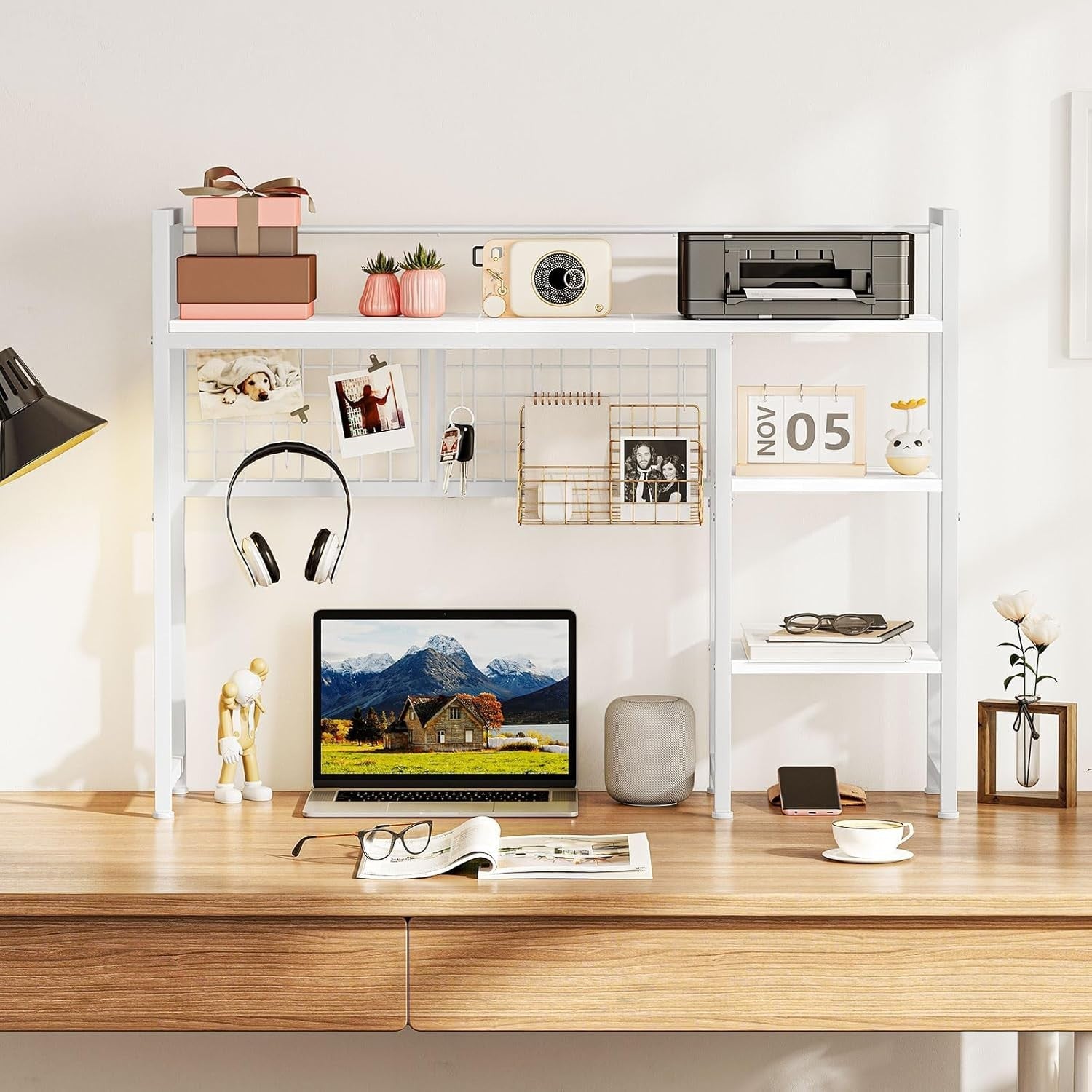 38.6" Desk Hutch Shelf with Pegboard Hooks 4-Tier Desktop Organizer for Monitor