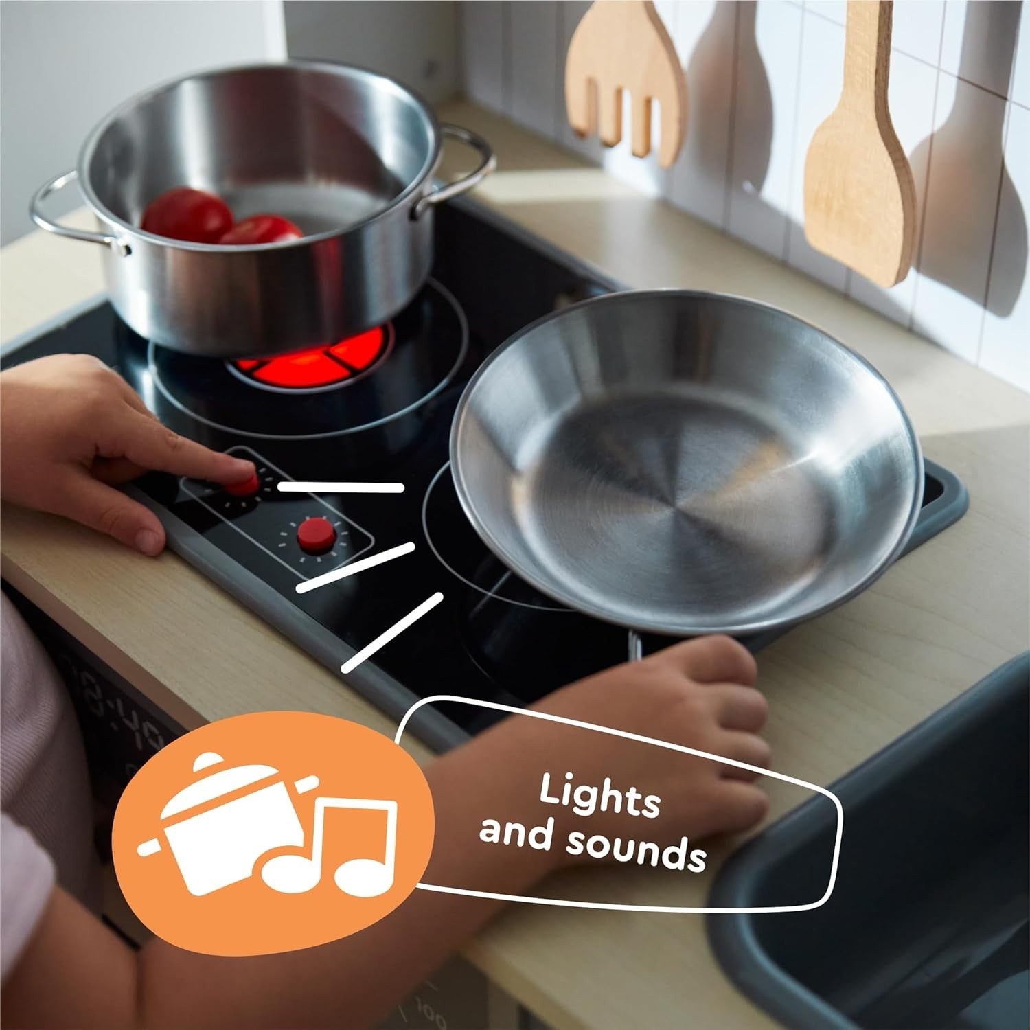 Wooden Kids Play Kitchen Light Up Oven Microwave Ice Maker Toy Set