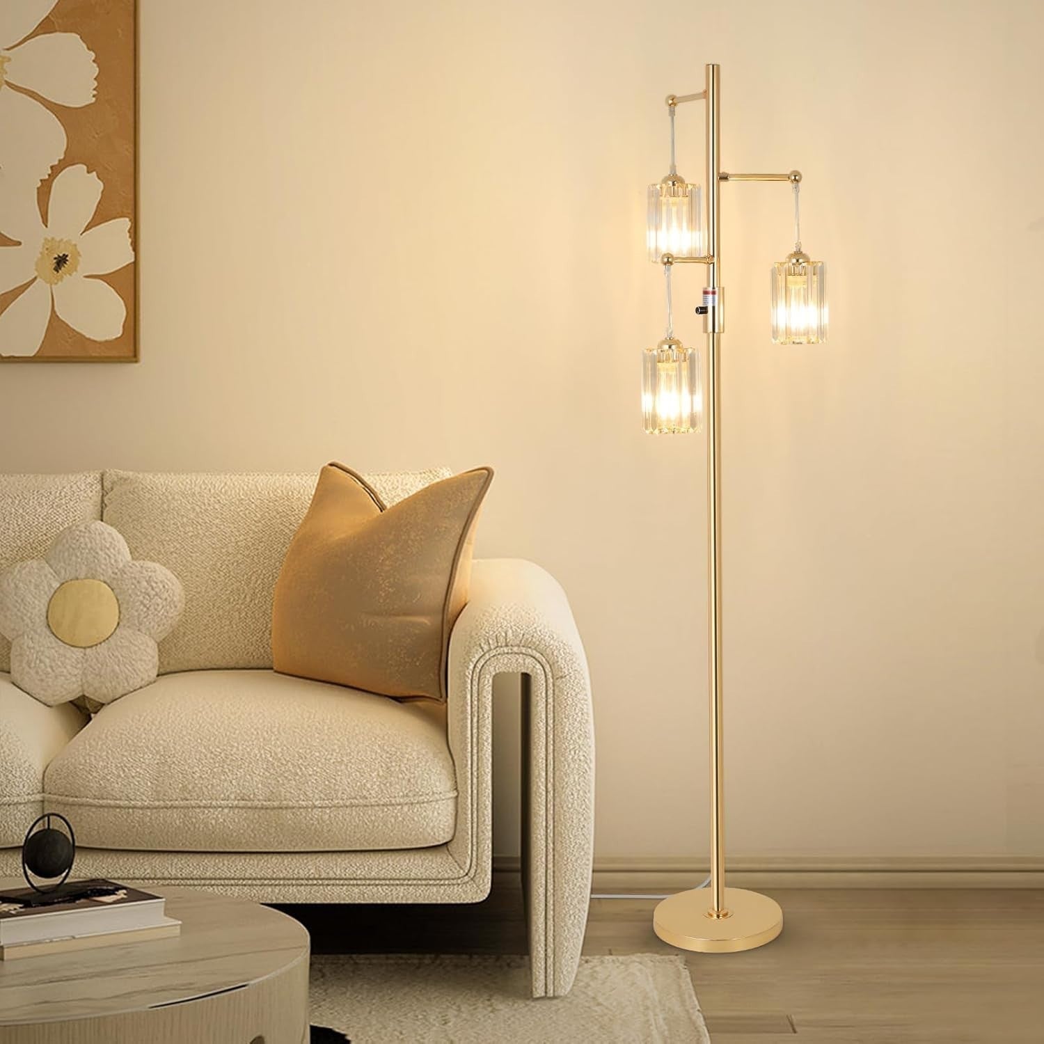 Dimmable 3-Light Gold Floor Lamp with Glass Shades for Living Room & Bedroom