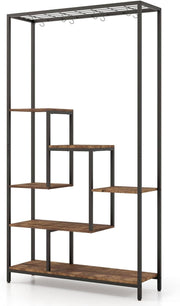 6 Tier Metal Plant Stand Rustic Brown Tall Flower Shelf with Hooks for Indoor De