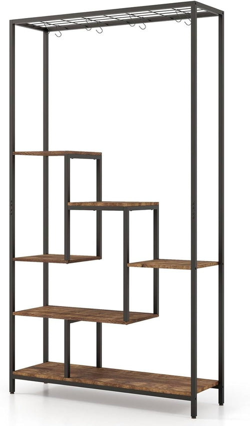 6 Tier Metal Plant Stand Rustic Brown Tall Flower Shelf with Hooks for Indoor De