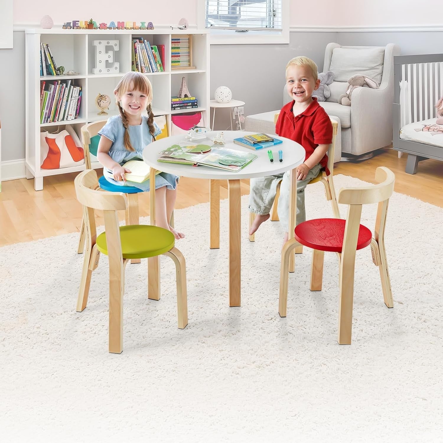 Kids Wooden Table & 4 Chairs Set Bright Colors Activity Desk for Playroom