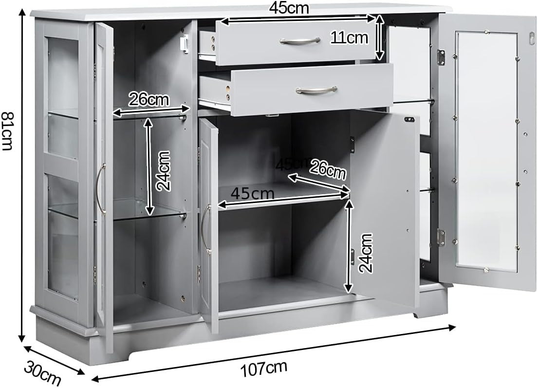 Grey Sideboard Buffet Cabinet Glass Doors Storage Unit with Drawers