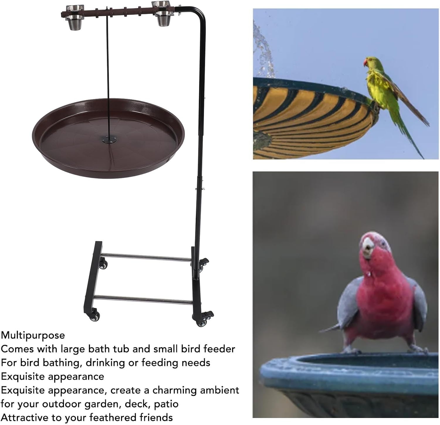 Adjustable Outdoor Bird Bath Feeder Stand Rustproof Metal Water Bowl Garden
