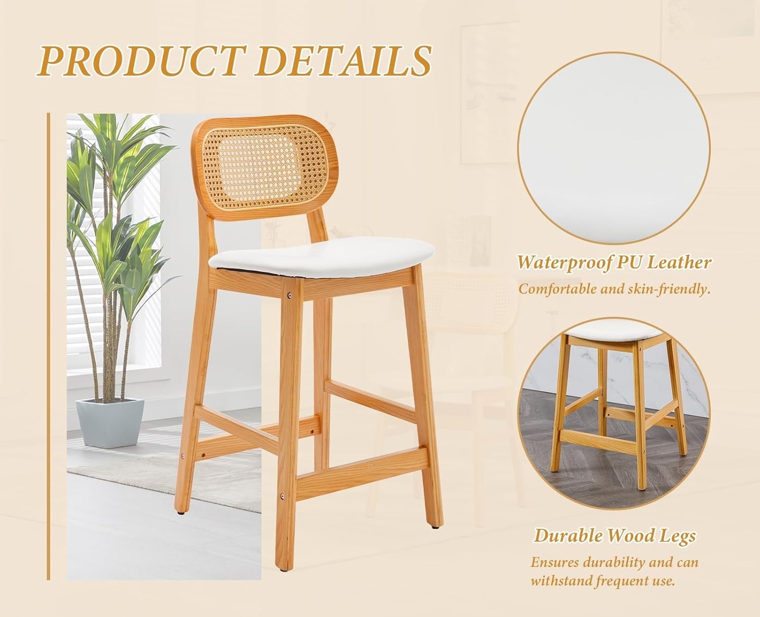 White Rattan Bar Stools Set of 2 Counter Height Wooden Kitchen Island Chairs