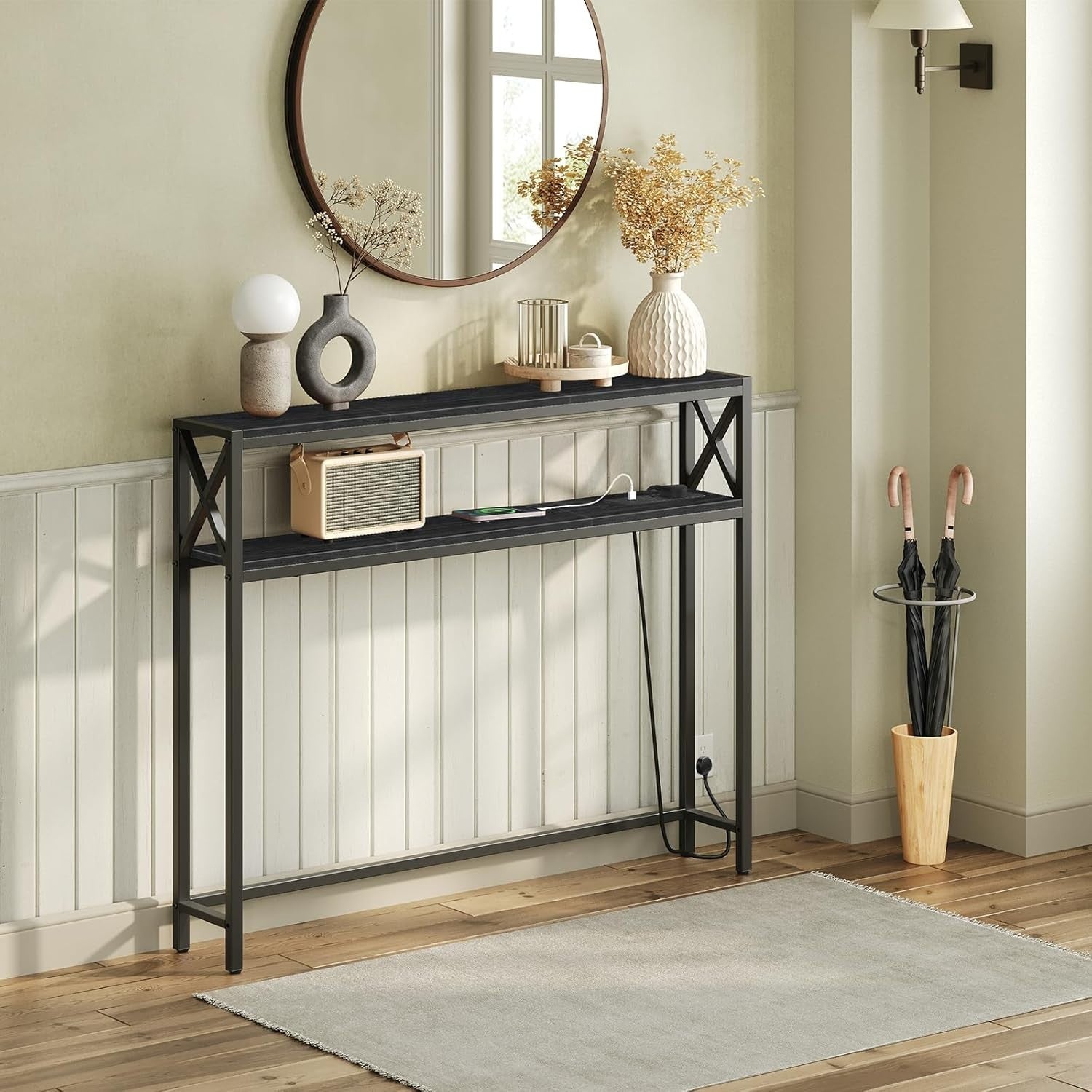 Narrow Sofa Table with Charging Station & Dual USB Ports, 100x15x100cm