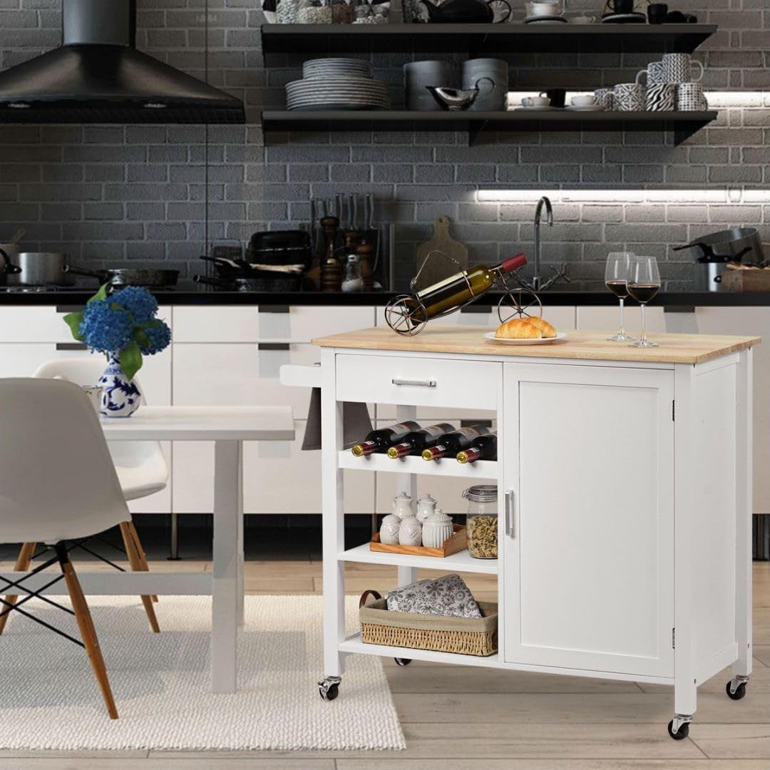 Kitchen Island Cart on Wheels with Oak Worktop Storage Trolley Wine Rack