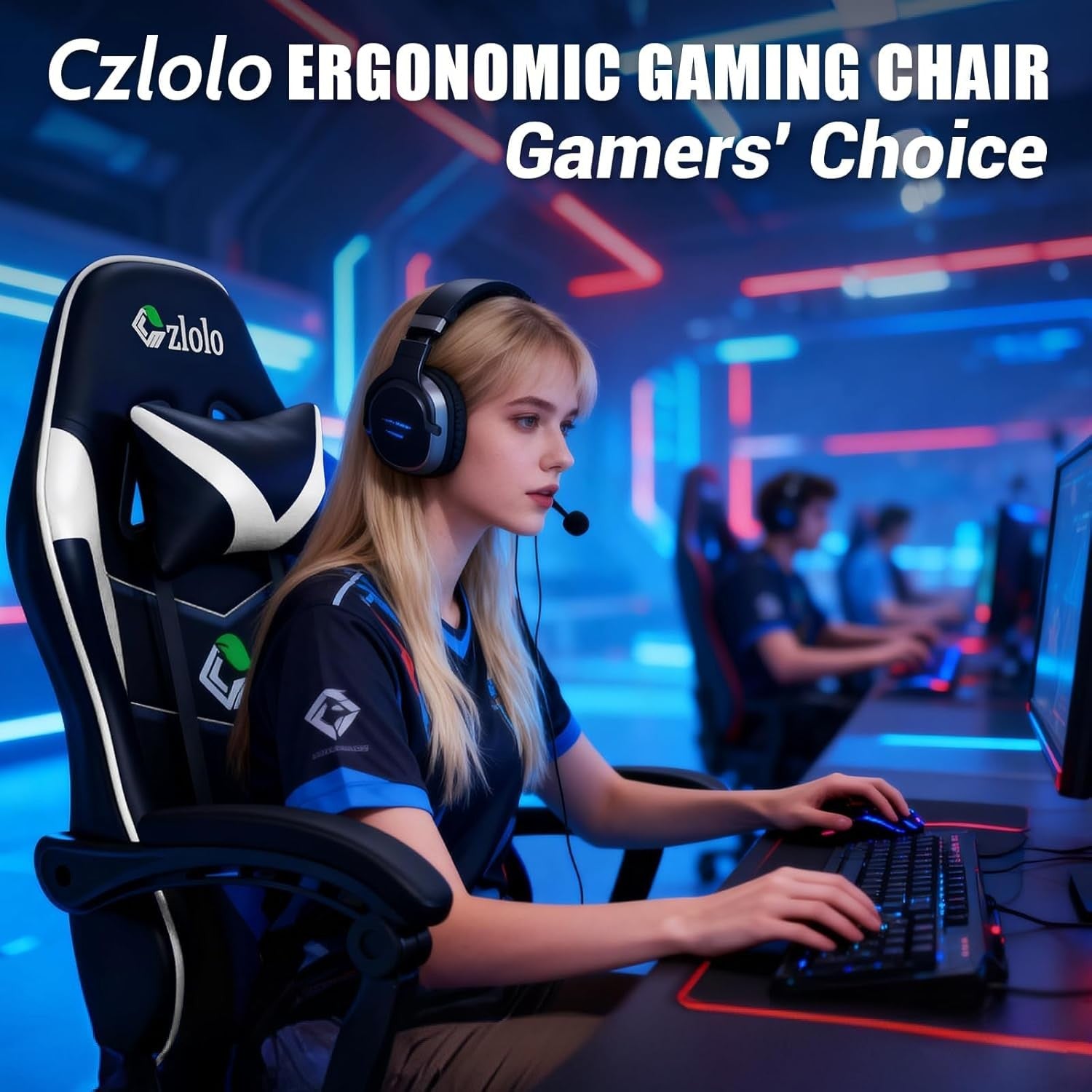 White Gaming Chair w/ Footrest Massage Lumbar Reclining