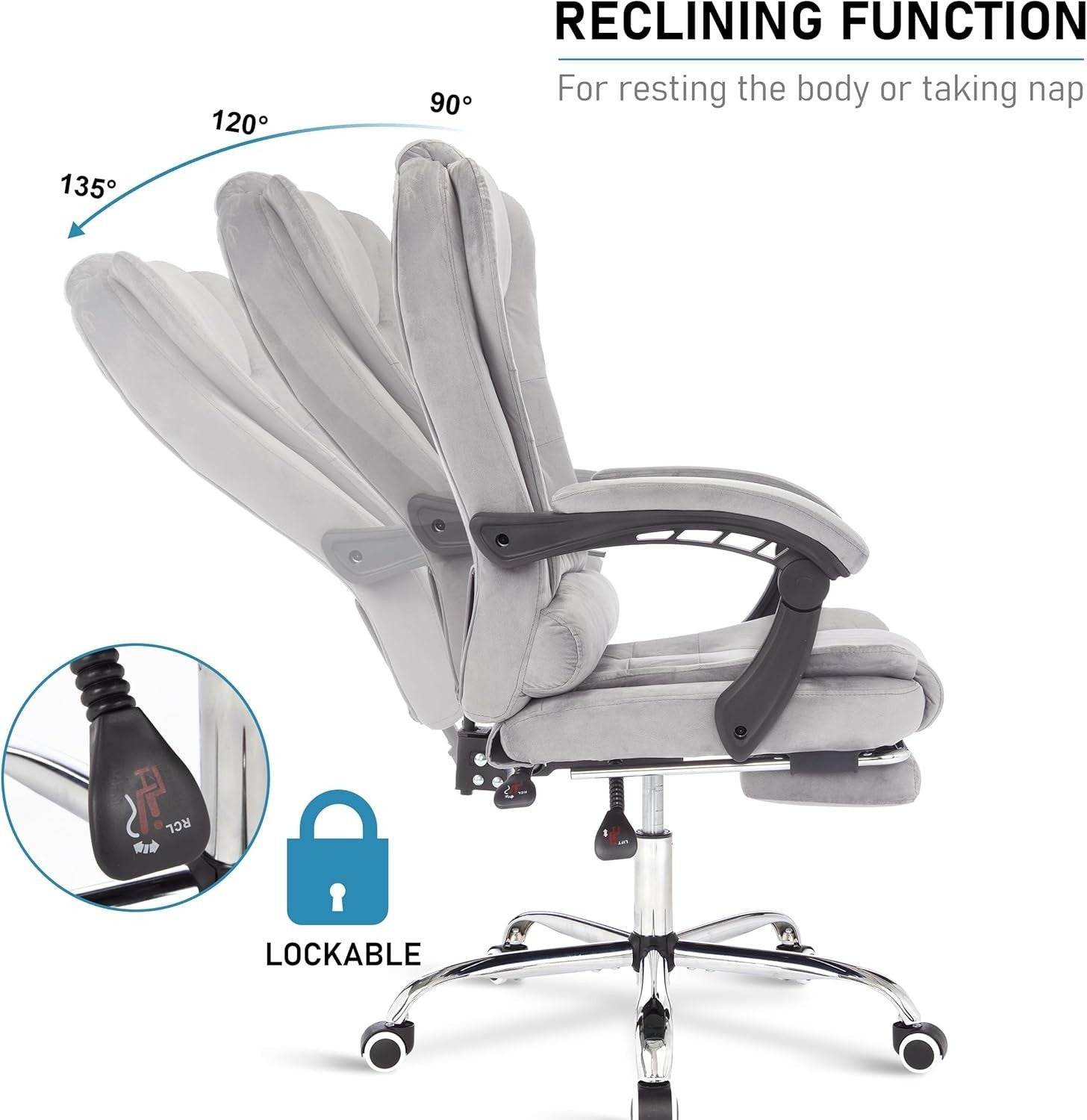 Velvet Grey Executive Office Chair Recliner Footrest Ergonomic Swivel Desk Lumba