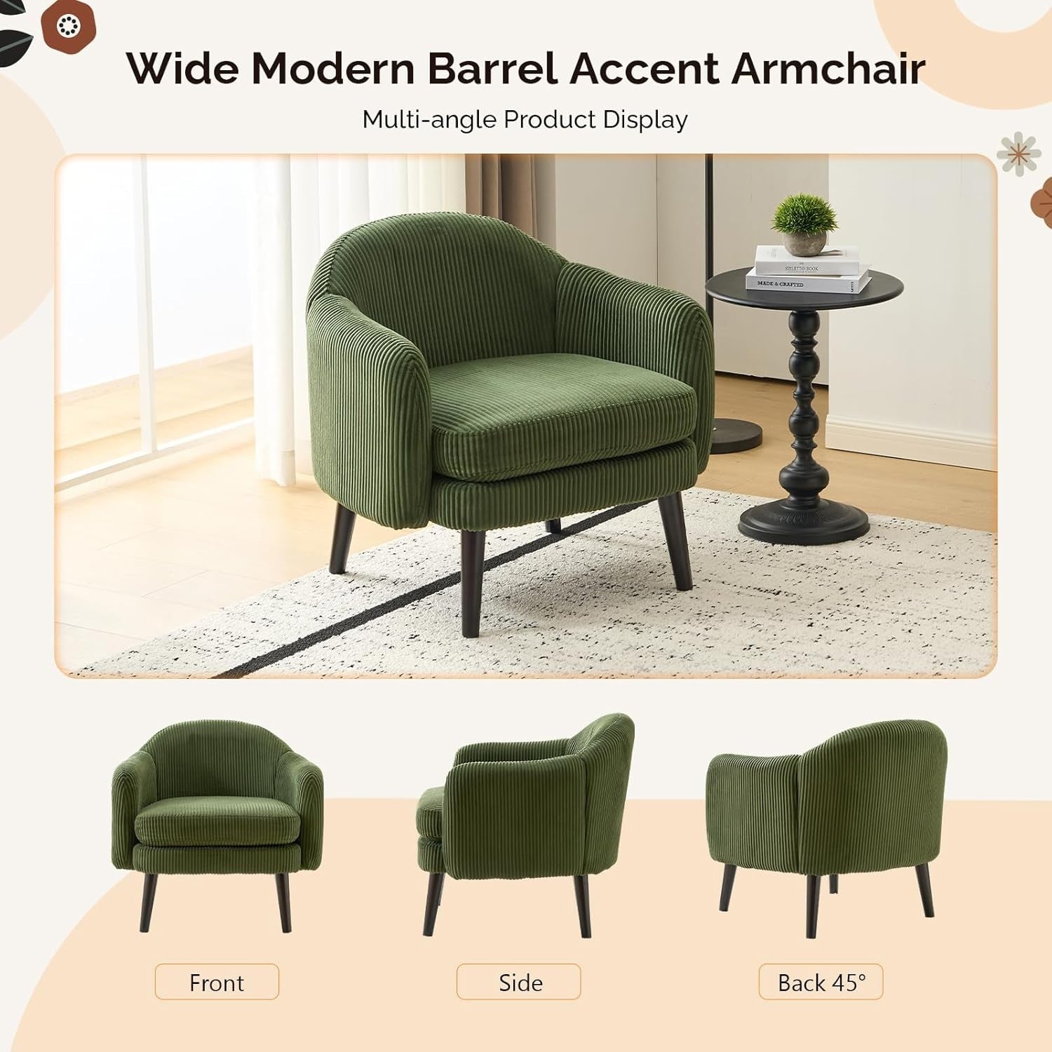 Modern Corduroy Armchair Wide Accent Chair Dark Green Wood Legs