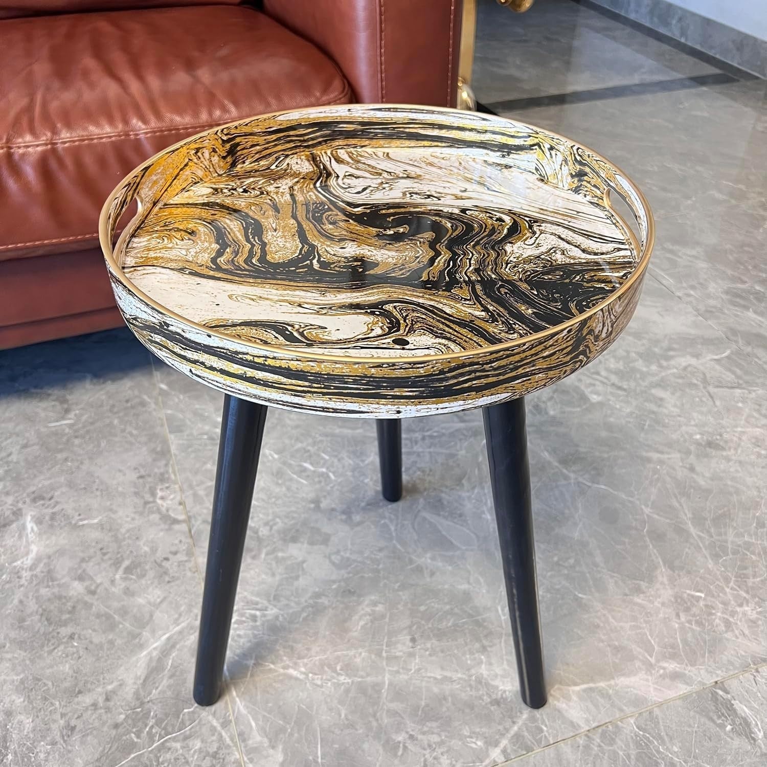 Round Side Table with Detachable Legs – 50x38x38cm Marble Black Gold