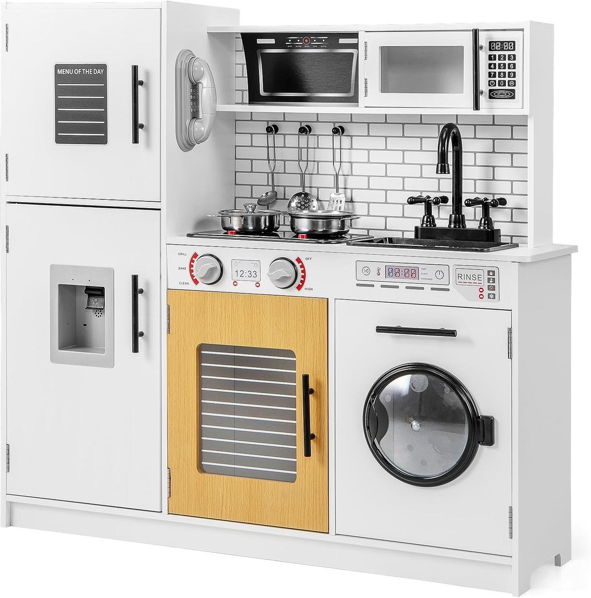 Wooden Kids Play Kitchen Lights Sounds Washer Microwave White Toy