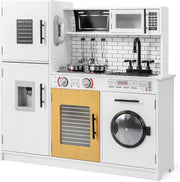 Wooden Kids Play Kitchen Lights Sounds Washer Microwave White Toy