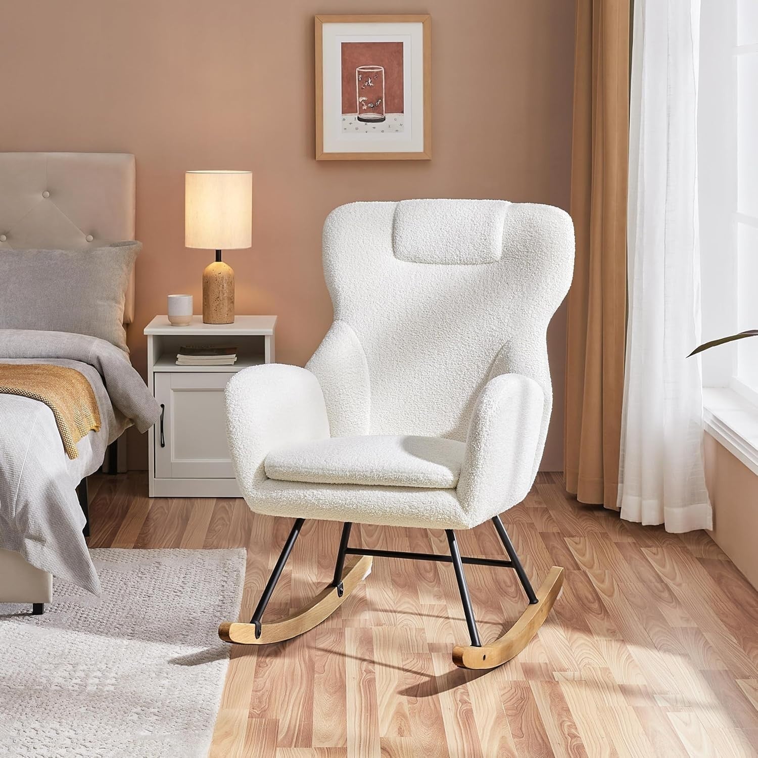 Rocking Armchair Boucle Fabric for Adults, Solid Wood Base, Cozy Lounge Chair