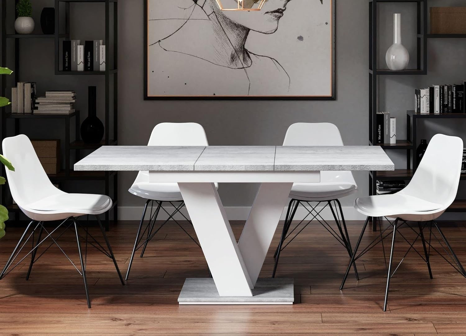 Extendable White Dining Table Gloss Stone Effect 4-6 Seater Small Spaces