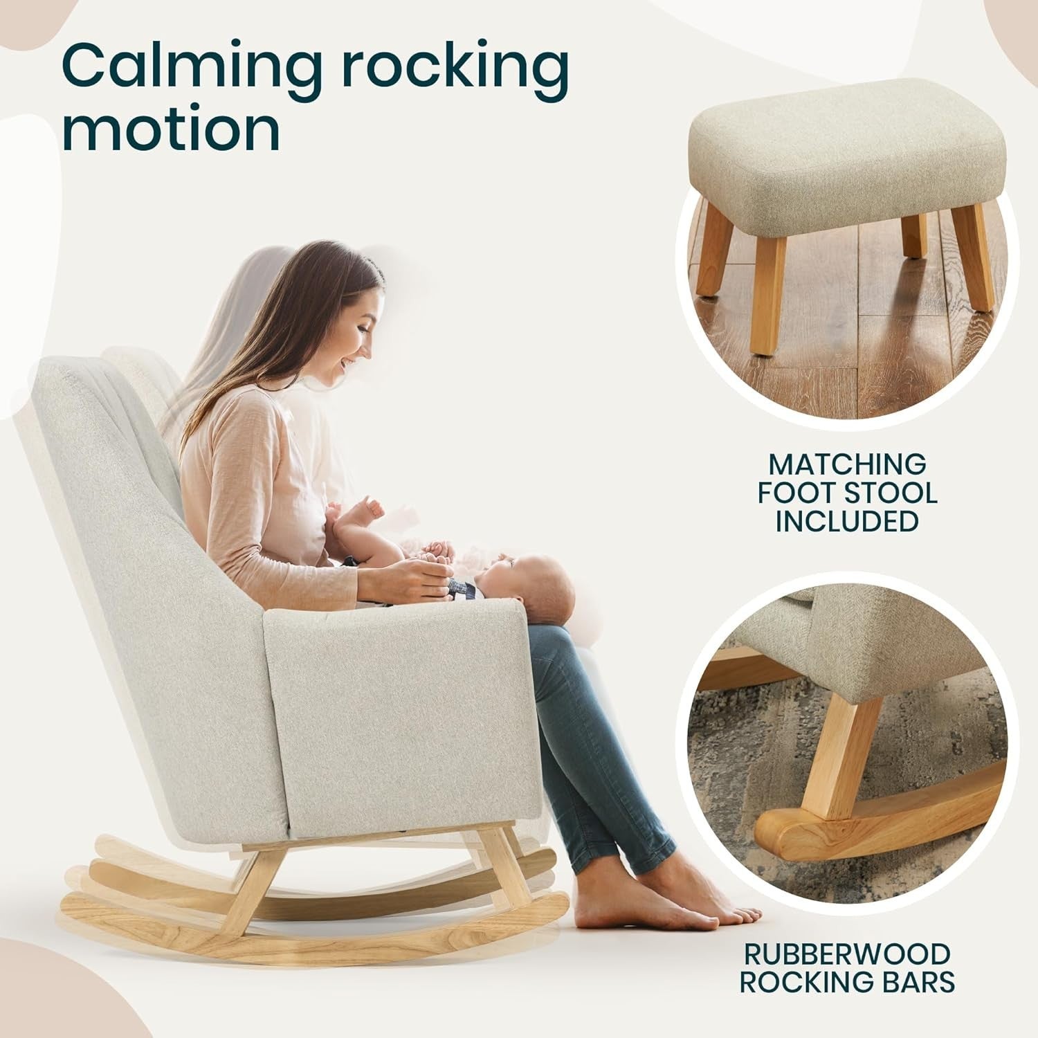 Nursery Rocking Chair with Footstool, Soft Grey Fabric, Ergonomic, 93x76cm