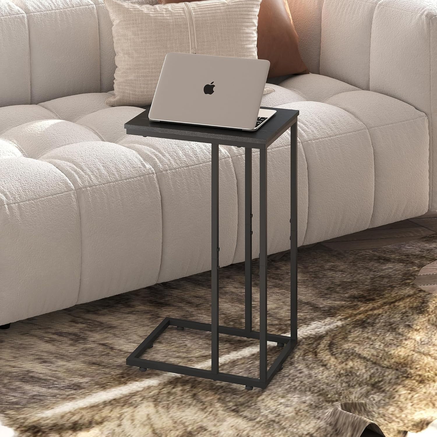 Space-Saving C-Shaped Side Table with 2 Tiers, Durable Steel Frame, Black