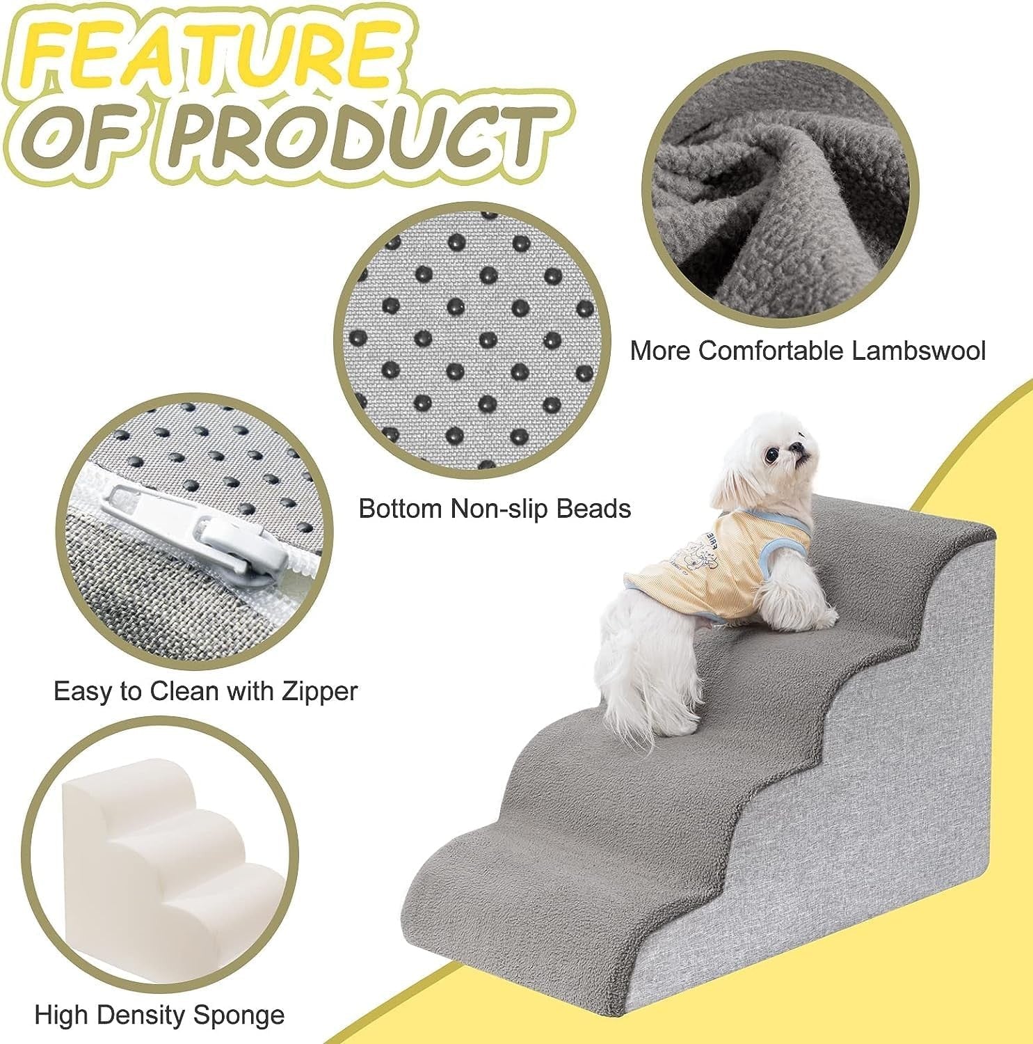 4 Tier Dog Stairs for Bed Non Slip Foam Pet Ramp Grey