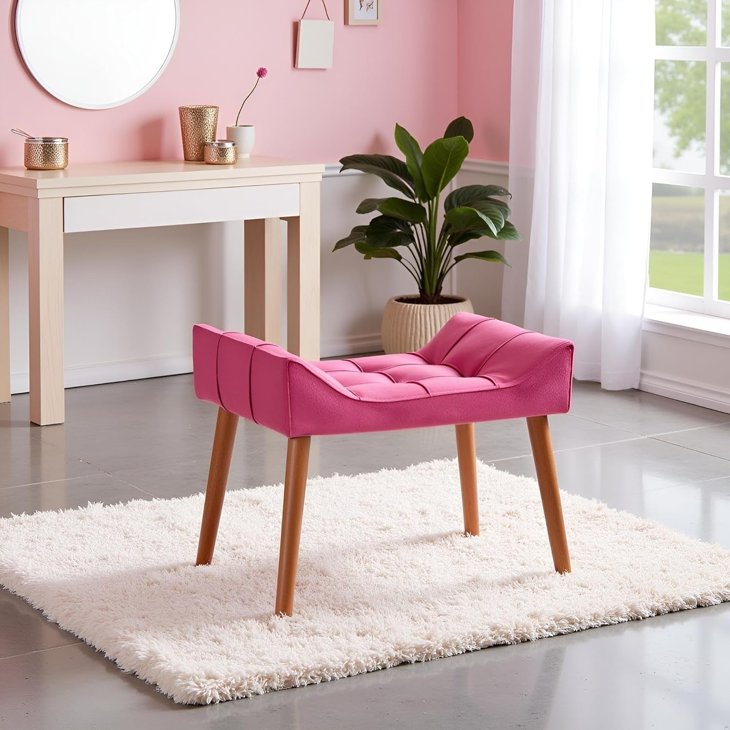 Pink Padded Dressing Table Stool Modern Vanity Makeup Chair Bedroom