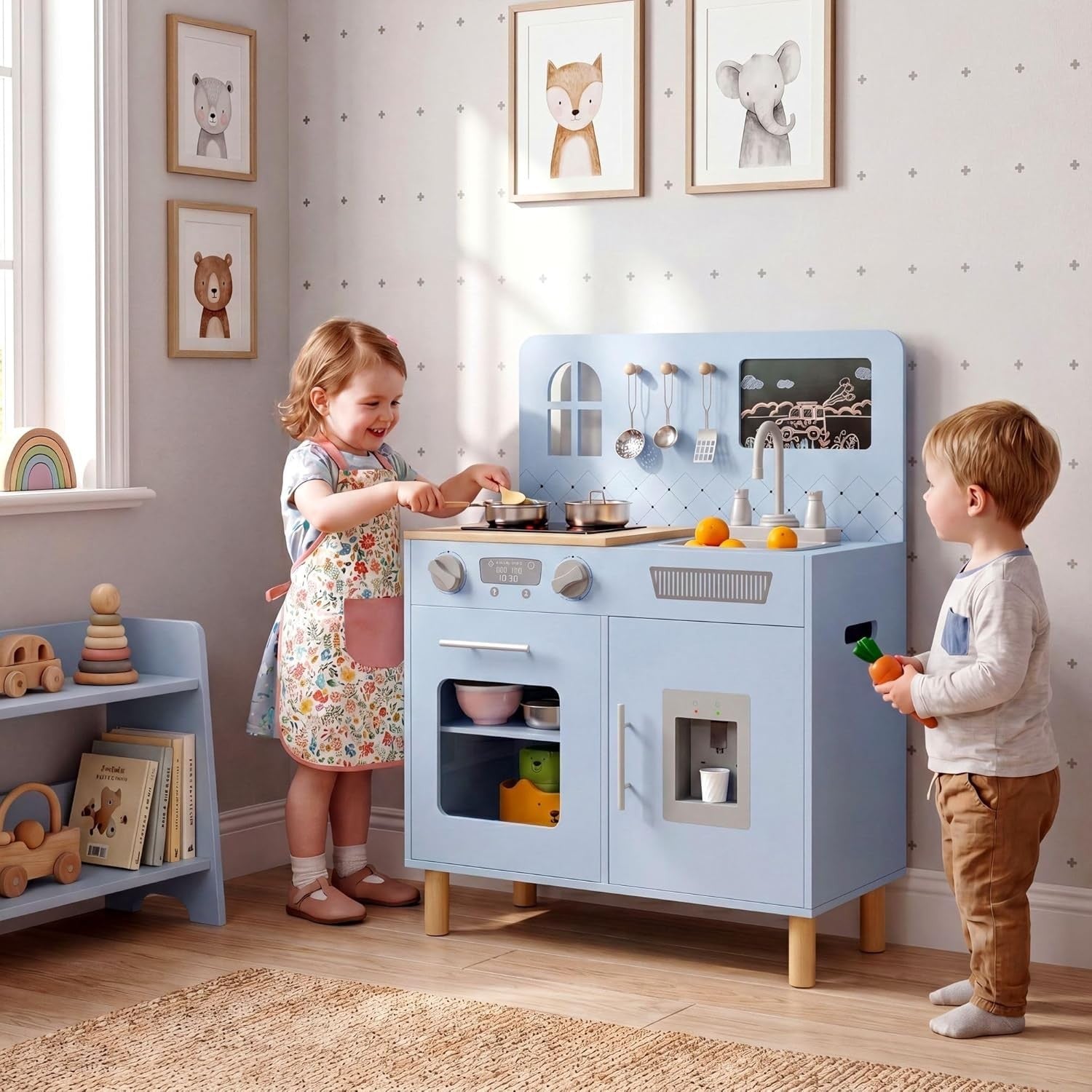 Kids Wooden Play Kitchen w/ Lights Sounds Chalkboard Blue Toy Set