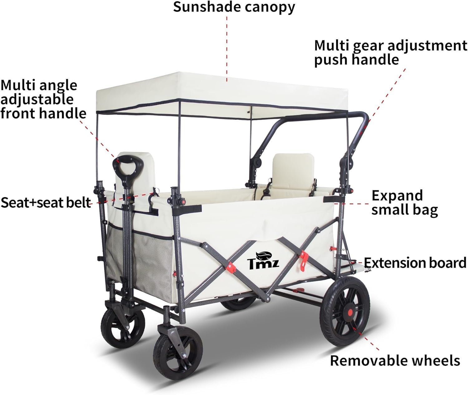 Folding Wagon w/ 2 Seats Removable Canopy 120kg Load Garden Cart Brake Beige