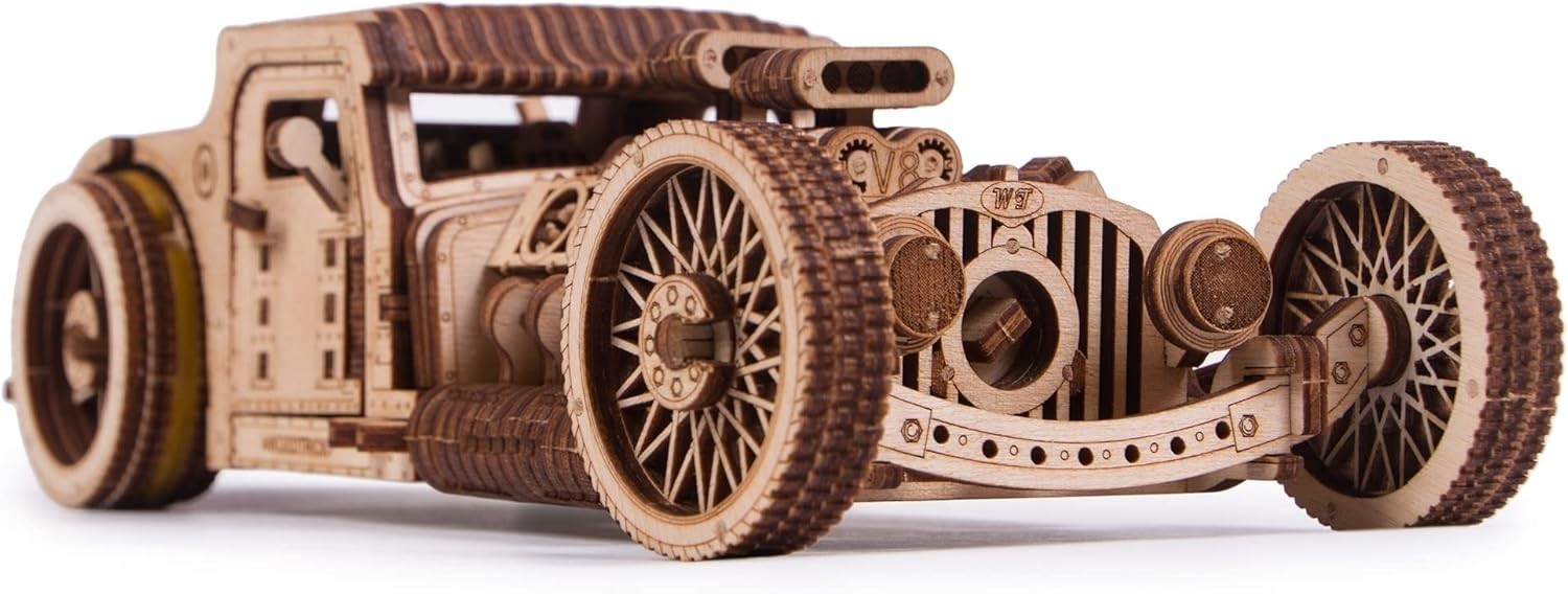3D Wooden Hot Rod Model Car Kit - Mechanical Puzzle, No Glue, 280 Pieces