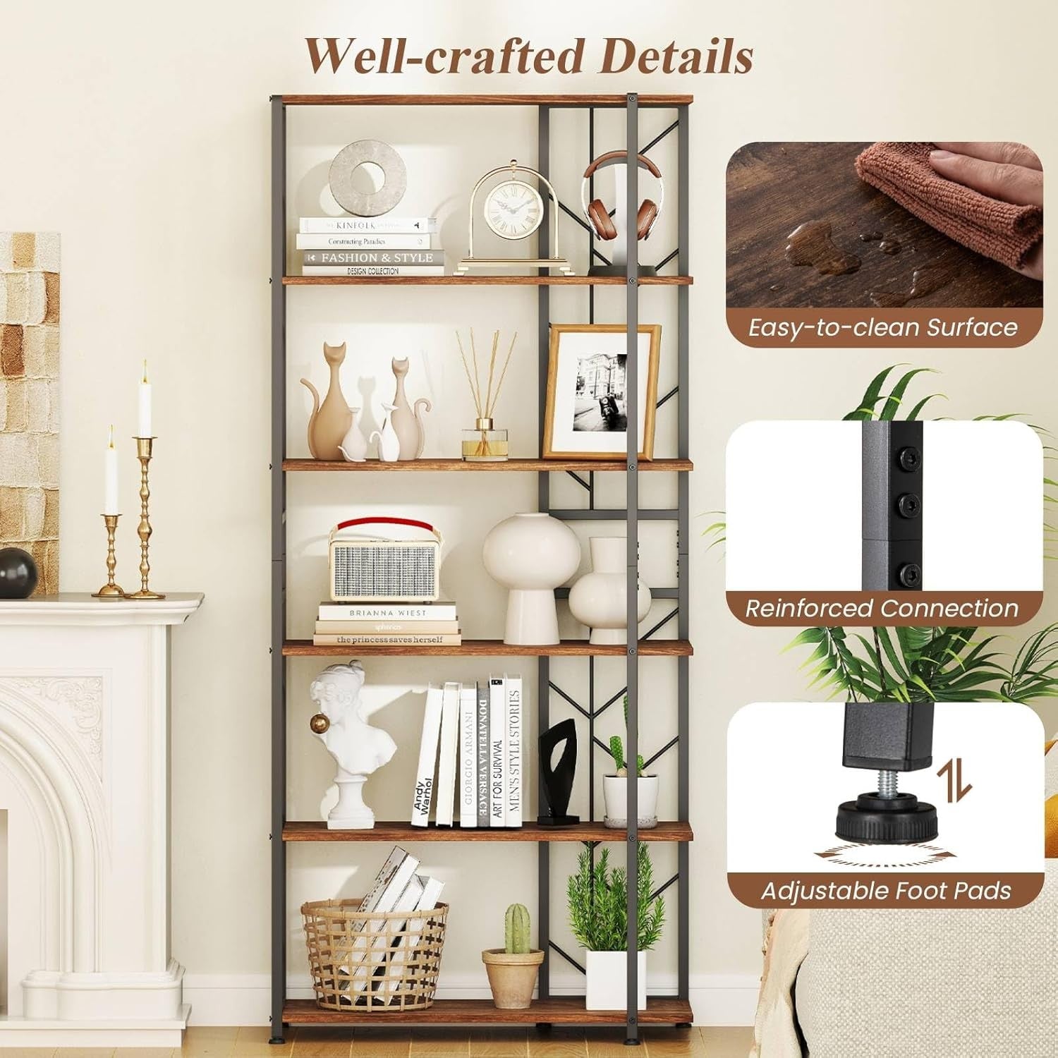 Industrial 5/6 Tier Bookshelf Tall Metal & Wood Display Storage Rack 80×31×180cm
