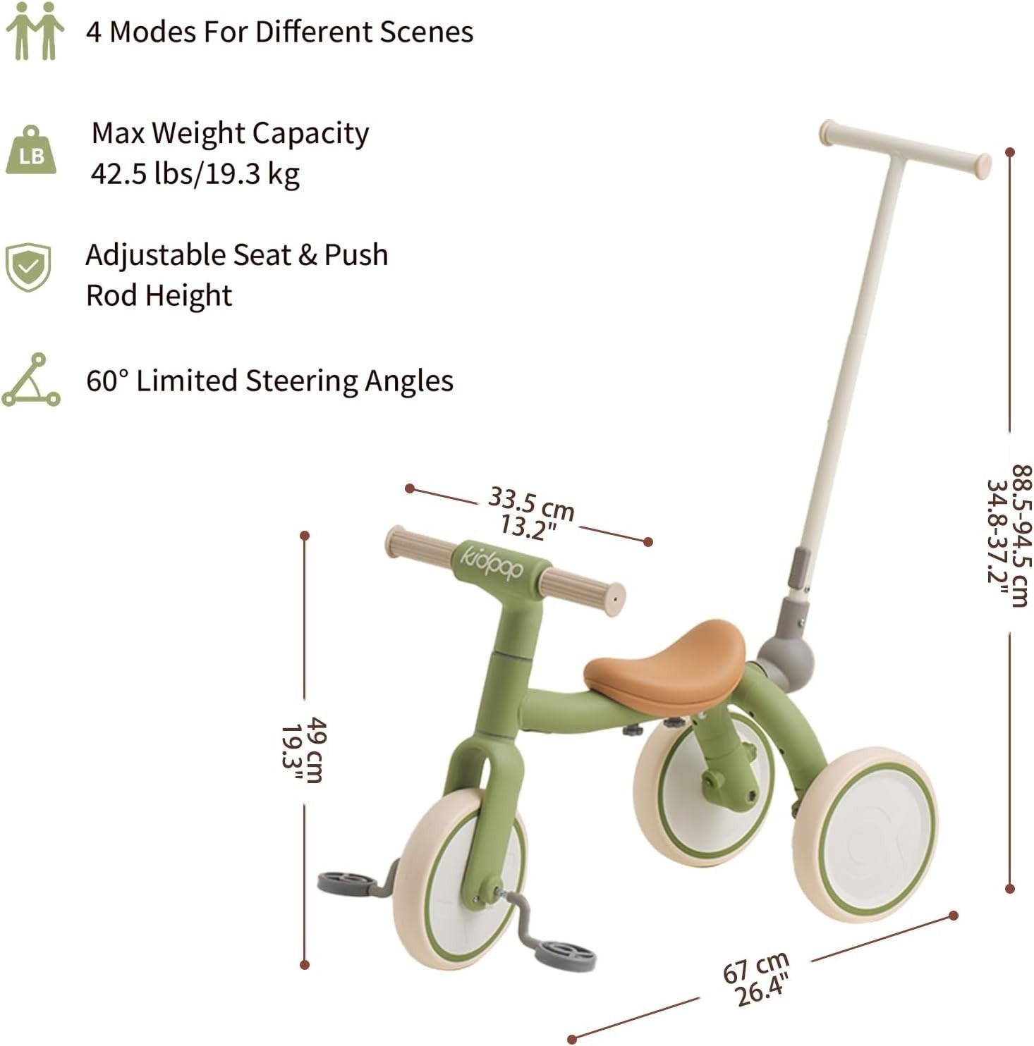 4 in 1 Kids Trike Balance Bike Scooter Push Trike EVA Wheels Green