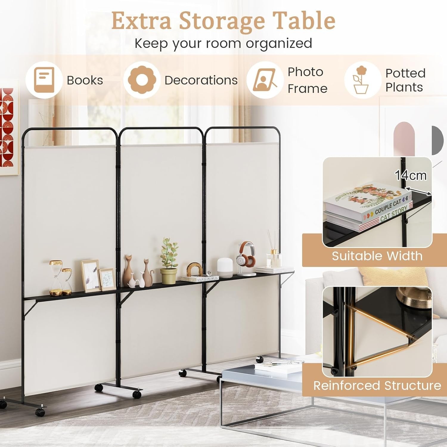 3 Panel White Folding Room Divider with Shelves & Wheels Privacy Screen 188cm