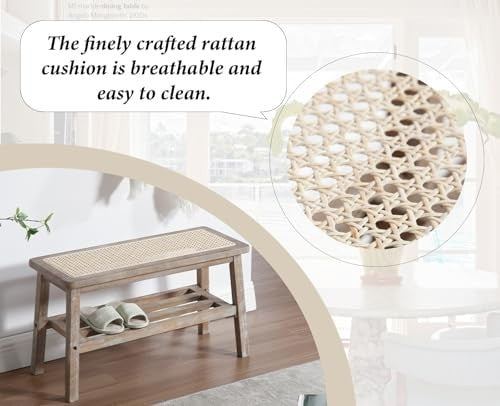 Natural Rattan Dining Bench with Solid Wood Legs Entryway Shoe Storage Ottoman