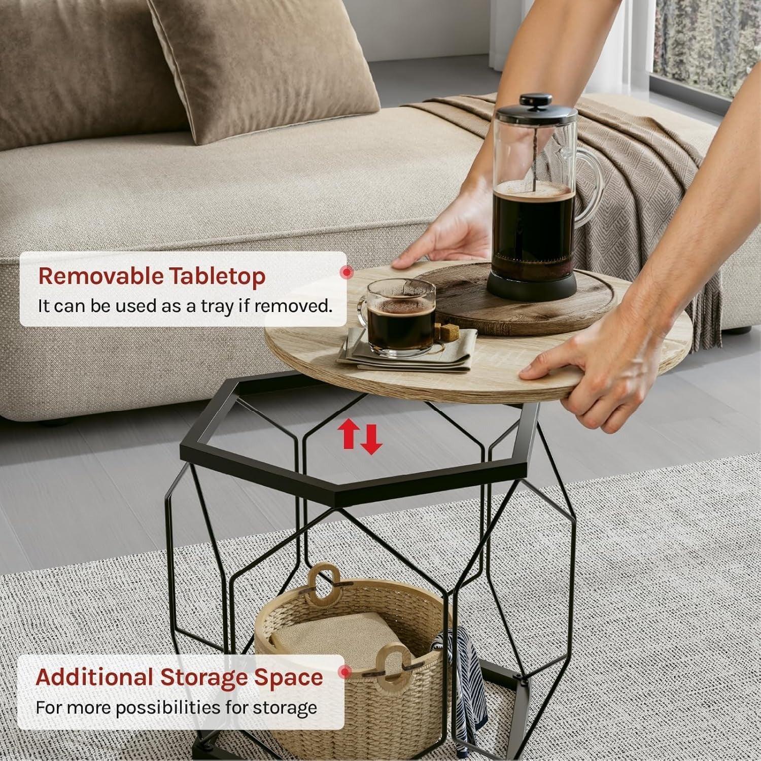 Round Coffee Tables Set of 2 – Sturdy Metal Frame, Light Oak Shelves, 40 & 50cm