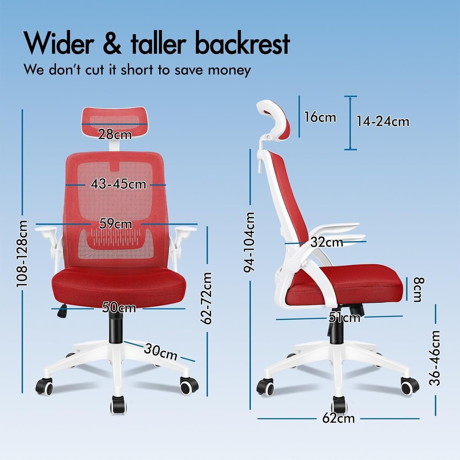 Ergonomic Mesh Office Chair Lumbar Support Flip Arms Headrest Red 180KG Max