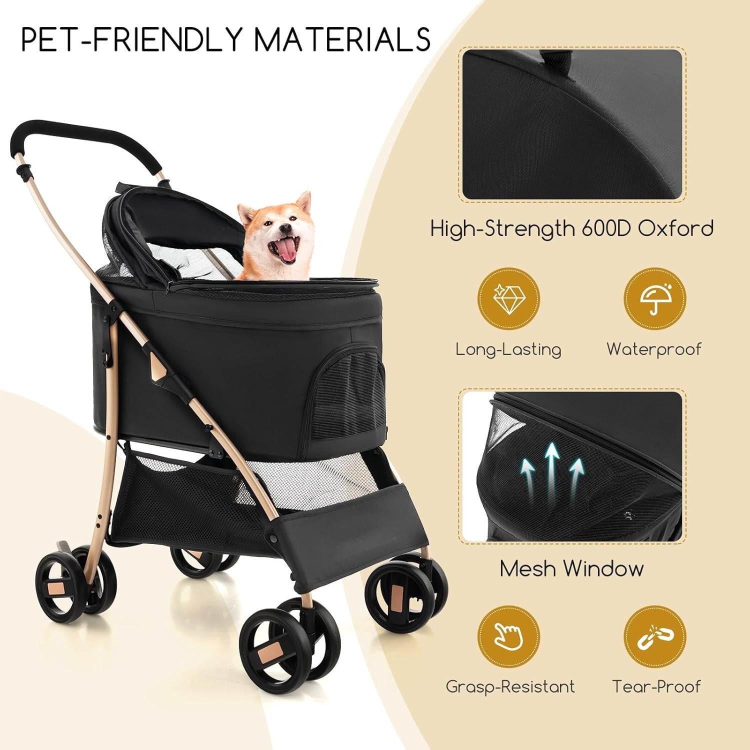 3 in 1 Pet Stroller Folding Dog Cat Pushchair Detachable Carrier 4 Wheel